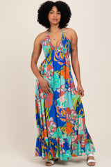 Royal Blue Floral Halter Cutout Tie Back Maternity Maxi Dress