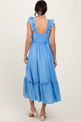 Blue Ruffle Strap Square Neck Midi Dress