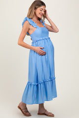 Blue Ruffle Strap Square Neck Maternity Midi Dress
