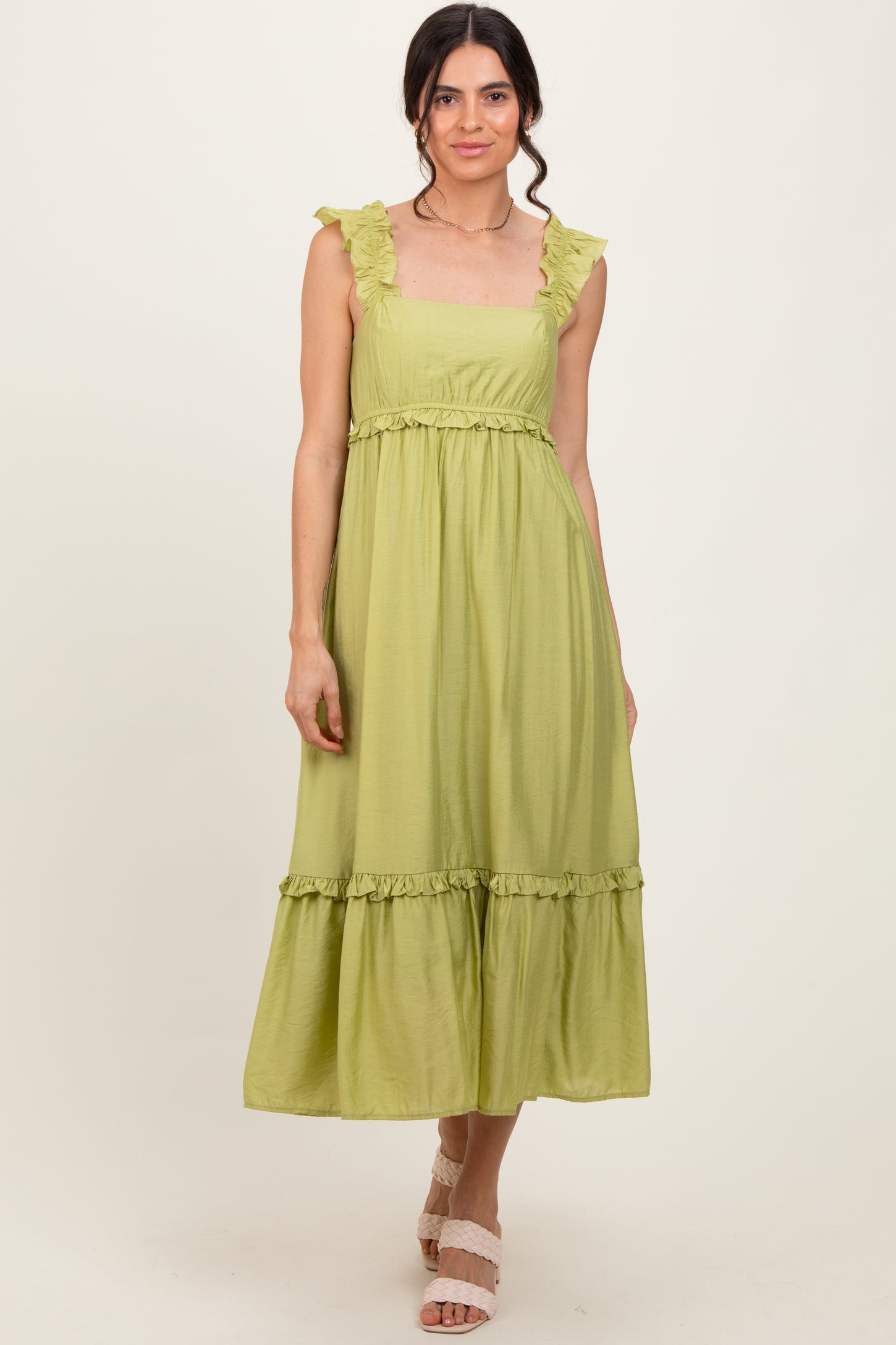 Lime Ruffle Strap Square Neck Maternity Midi Dress