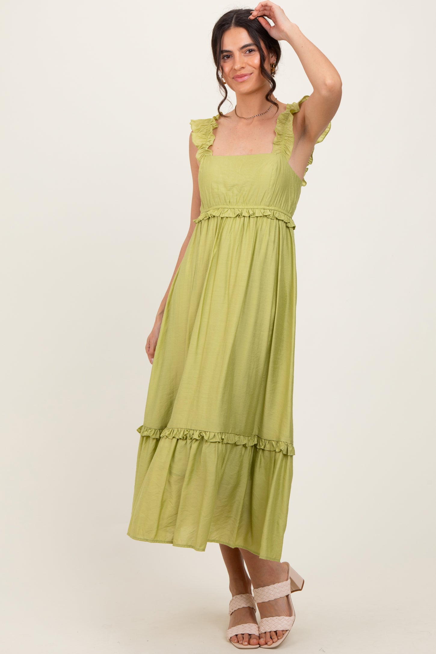 Lime Ruffle Strap Square Neck Midi Dress