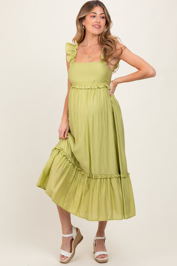Lime Ruffle Strap Square Neck Maternity Midi Dress