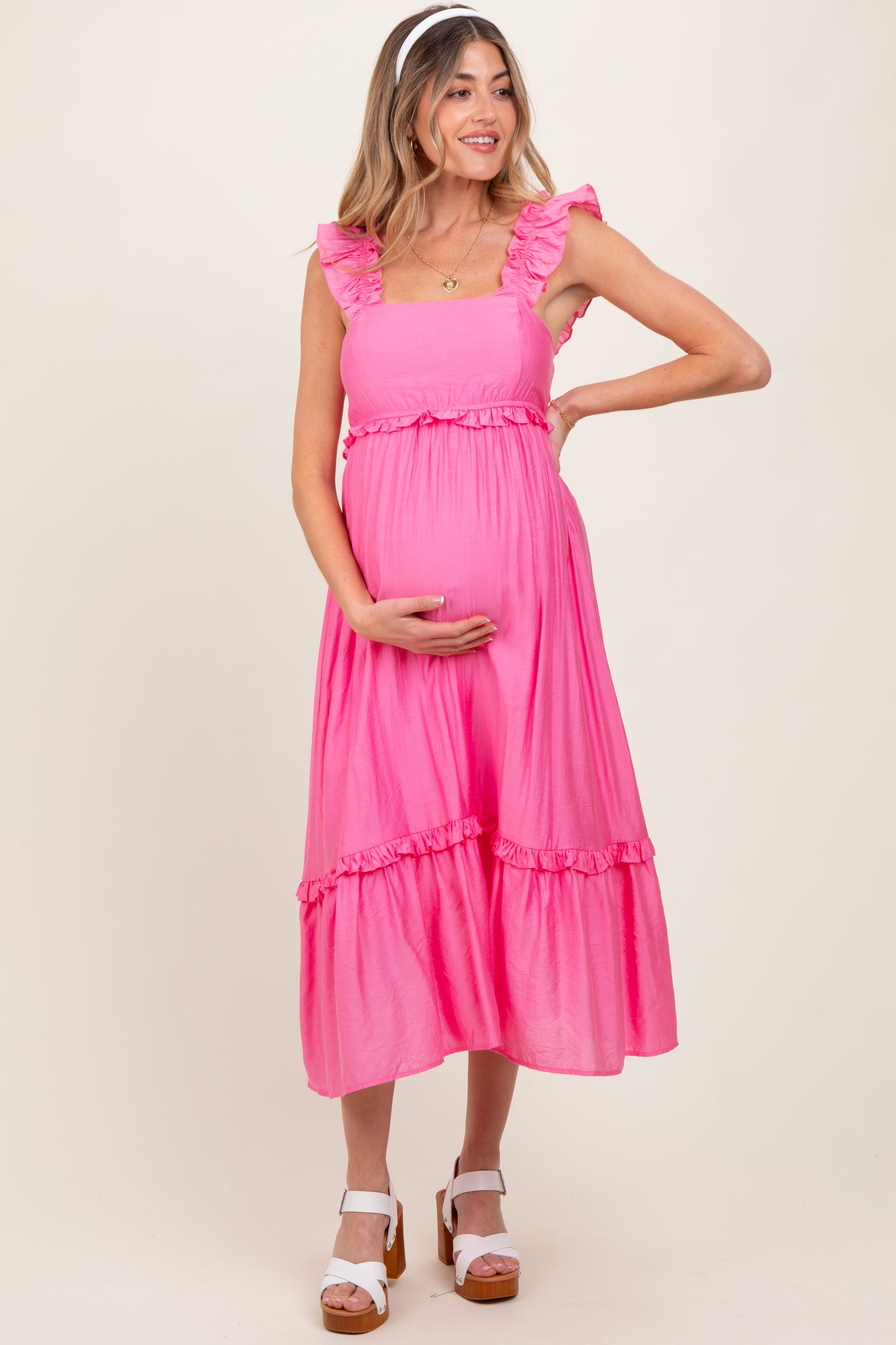 Pink Ruffle Strap Square Neck Maternity Midi Dress