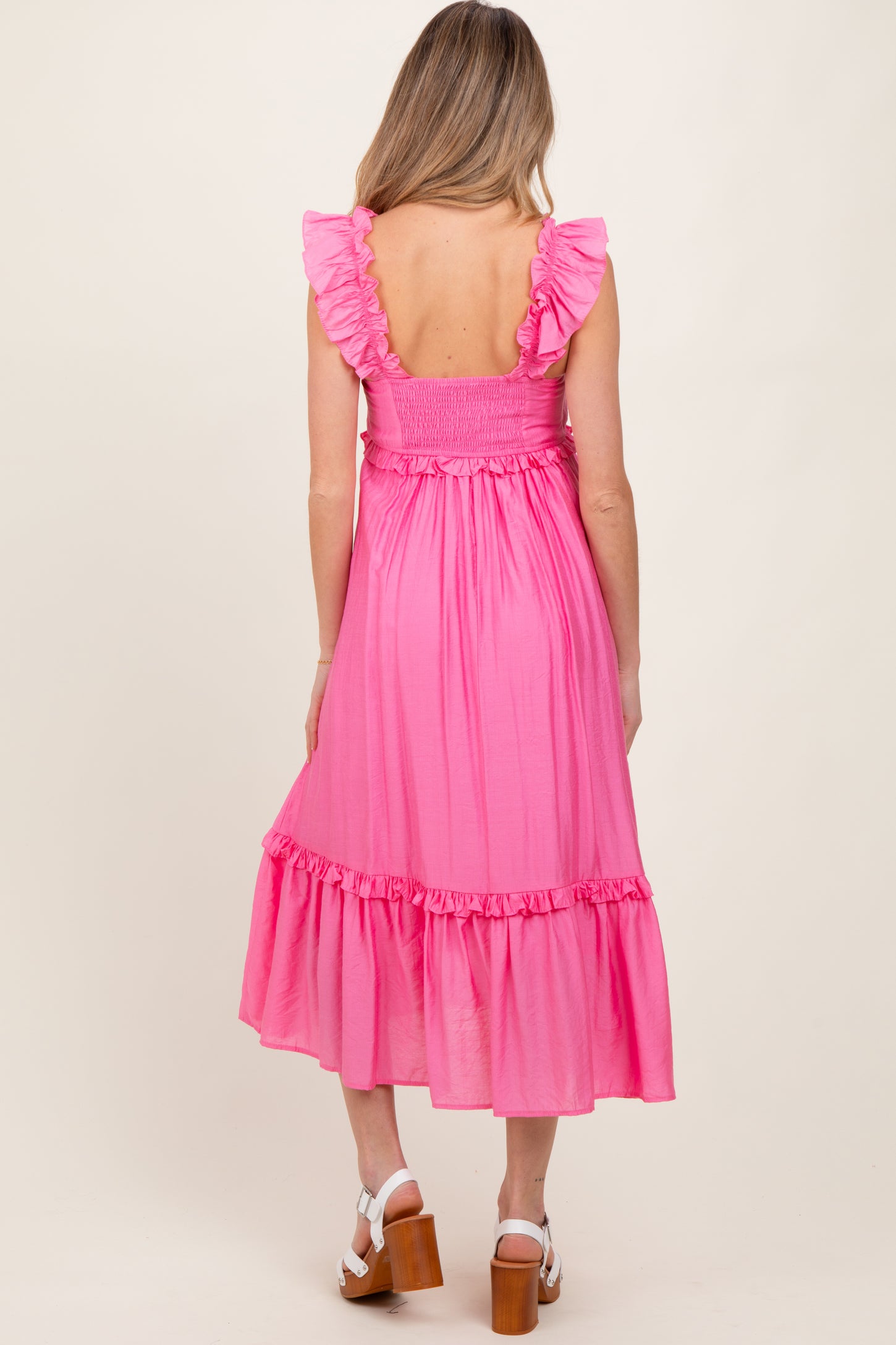 Pink Ruffle Strap Square Neck Maternity Midi Dress