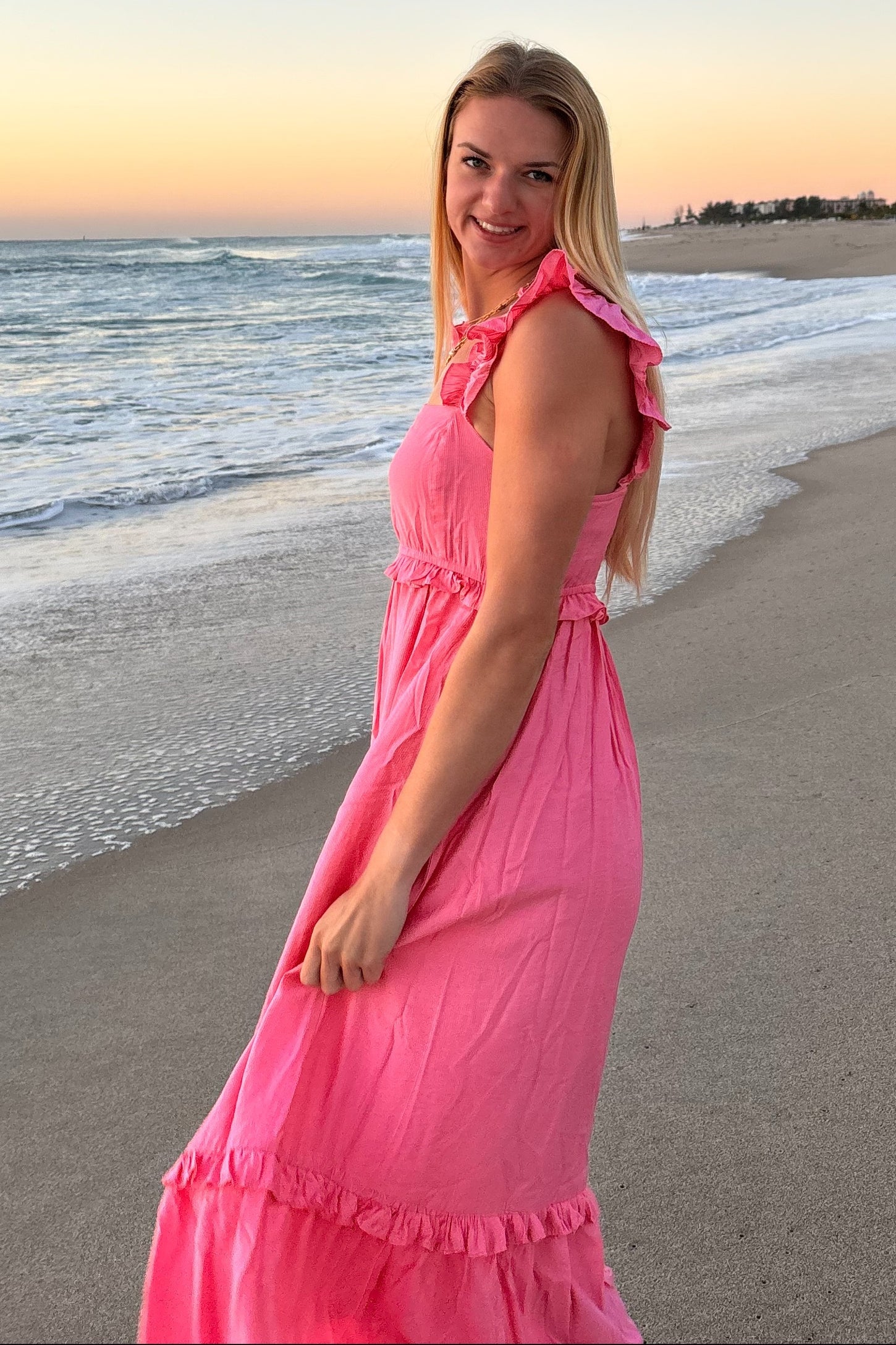 Pink Ruffle Strap Square Neck Midi Dress