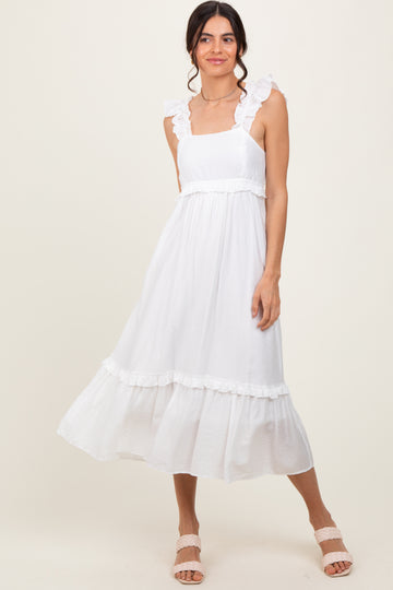 White Ruffle Strap Square Neck Midi Dress