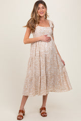 Beige Printed Tie Strap Tiered Maternity Midi Dress