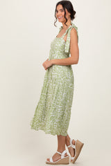 Light Olive Printed Tie Strap Tiered Midi Dress