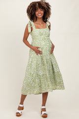 Light Olive Printed Tie Strap Tiered Maternity Midi Dress