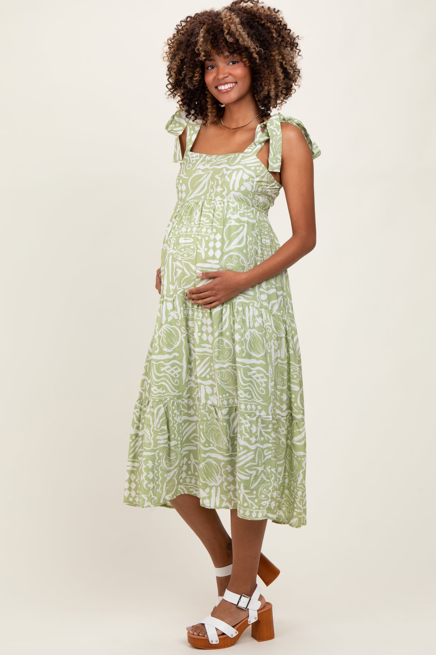 Light Olive Printed Tie Strap Tiered Maternity Midi Dress