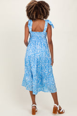 Light Blue Printed Tie Strap Tiered Maternity Midi Dress