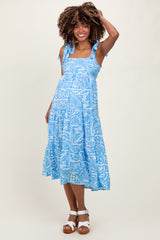 Light Blue Printed Tie Strap Tiered Maternity Midi Dress