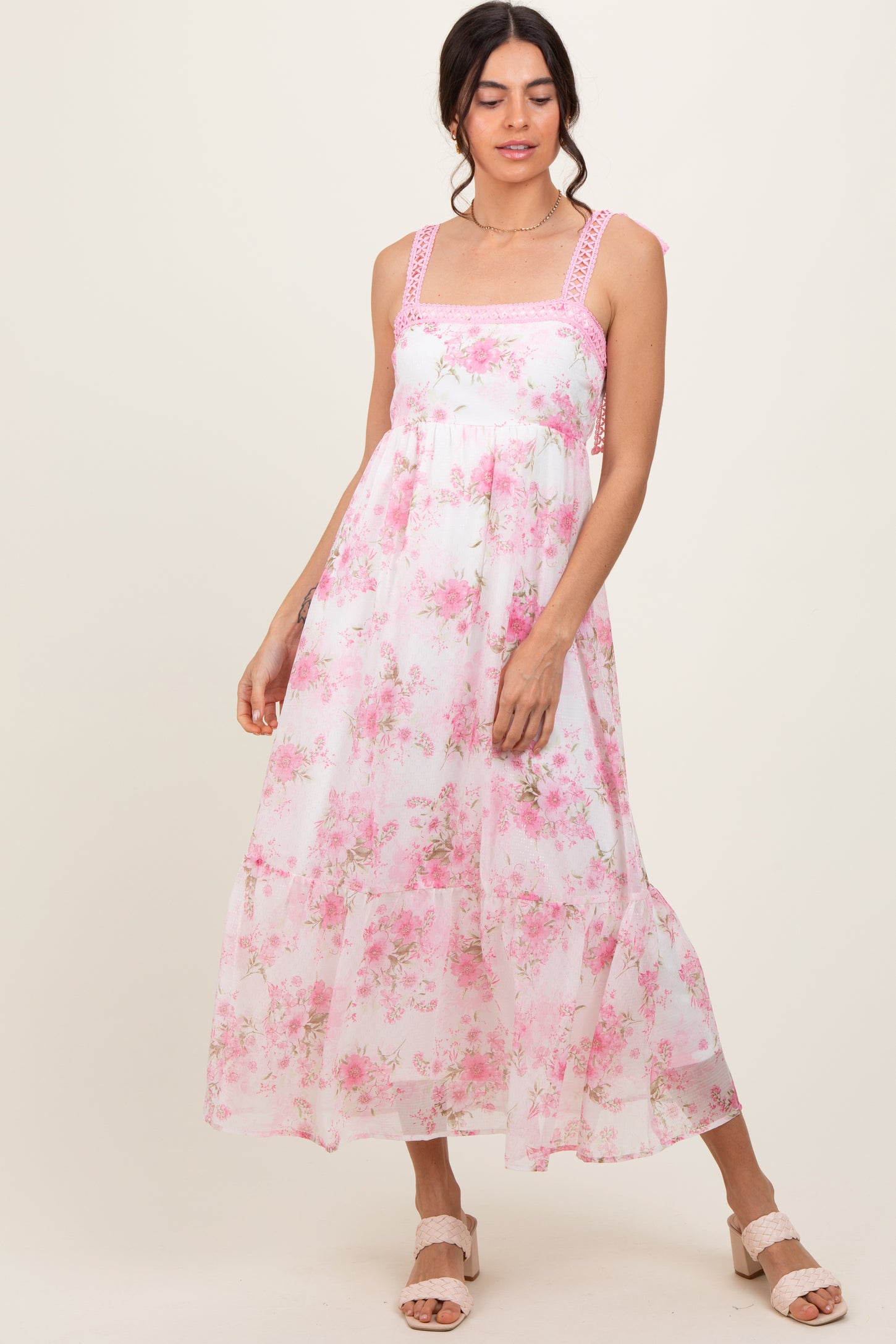 Pink Floral Chiffon Overlay Lace Shoulder Tie Midi Dress