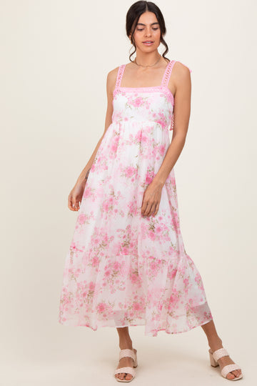 Pink Floral Chiffon Overlay Lace Shoulder Tie Midi Dress