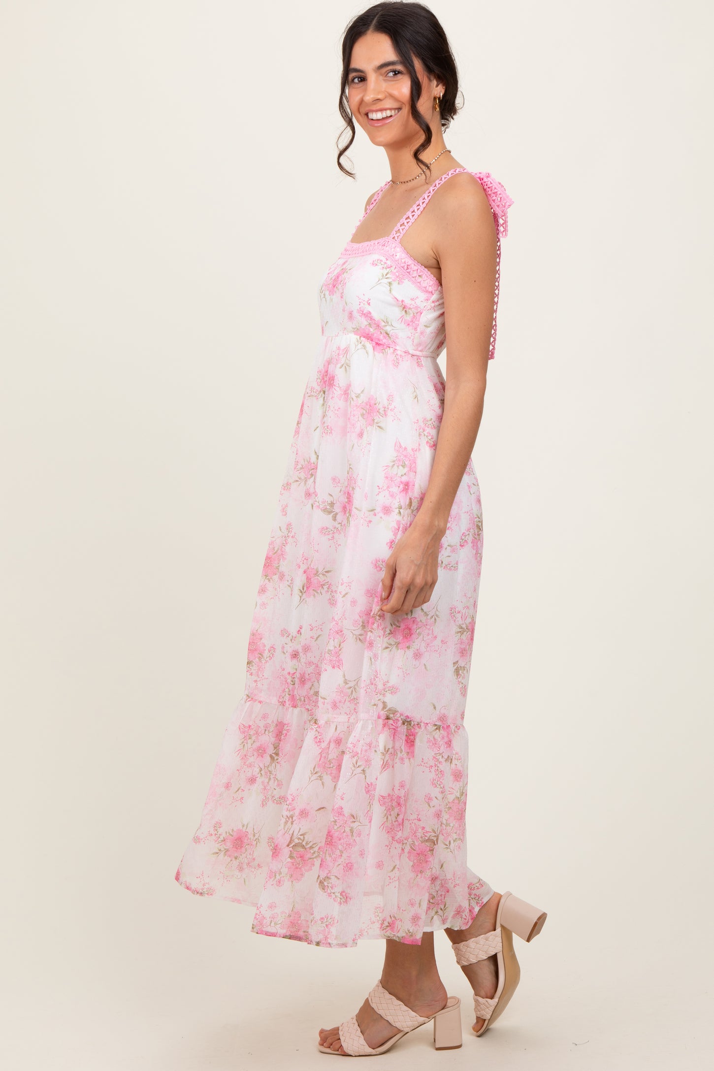 Pink Floral Chiffon Overlay Lace Shoulder Tie Midi Dress PinkBlush Pink Floral Chiffon Overlay Lace Shoulder Tie Midi Dress PinkBlush