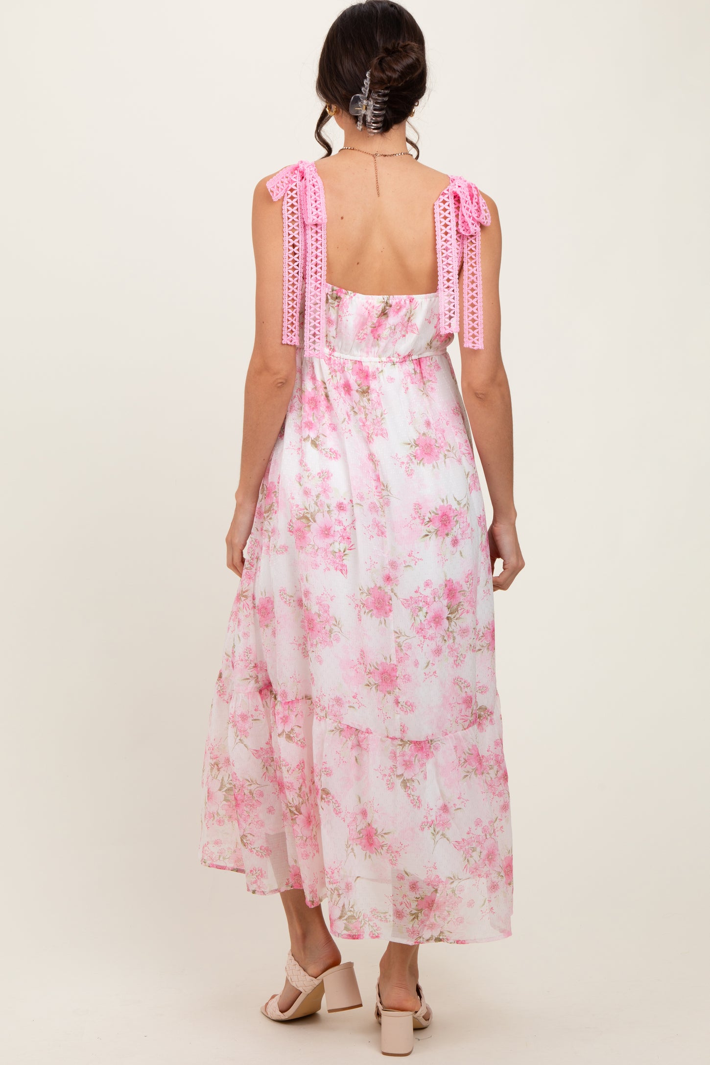 Pink Floral Chiffon Overlay Lace Shoulder Tie Midi Dress PinkBlush Pink Floral Chiffon Overlay Lace Shoulder Tie Midi Dress PinkBlush