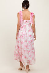 Pink Floral Chiffon Overlay Lace Shoulder Tie Midi Dress