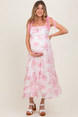 Pink Floral Chiffon Overlay Lace Shoulder Tie Maternity Midi Dress
