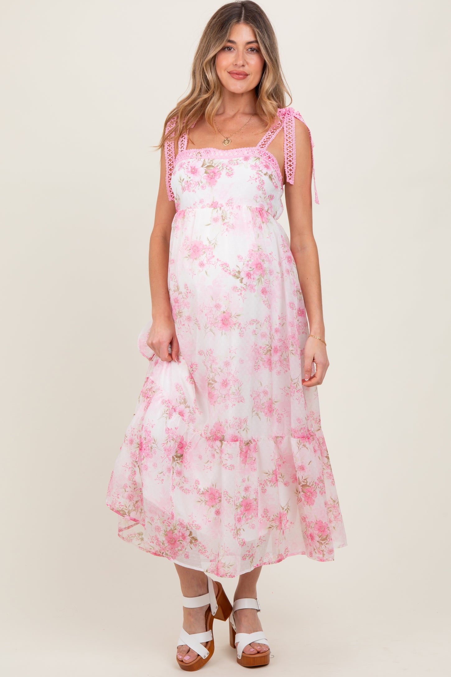Pink Floral Chiffon Overlay Lace Shoulder Tie Maternity Midi Dress