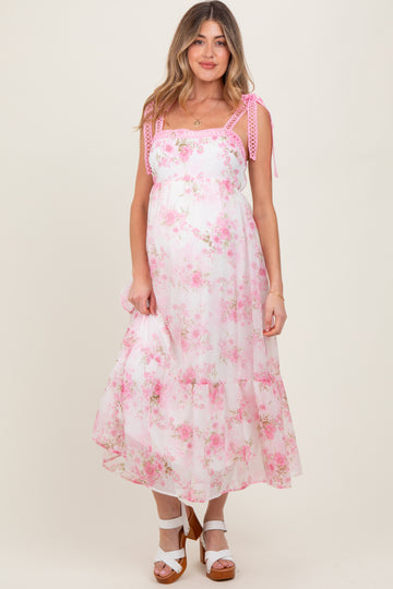 Pink Floral Chiffon Overlay Lace Shoulder Tie Maternity Midi Dress