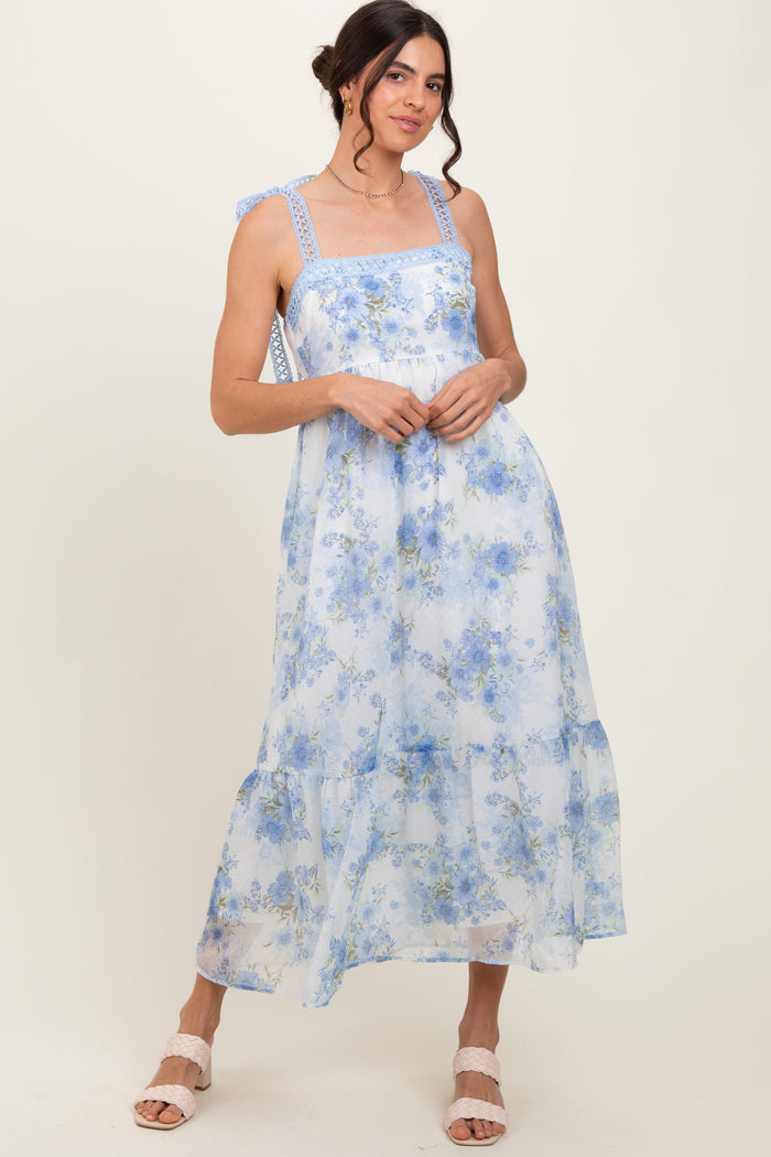 Blue Floral Chiffon Overlay Lace Shoulder Tie Maternity Midi Dress