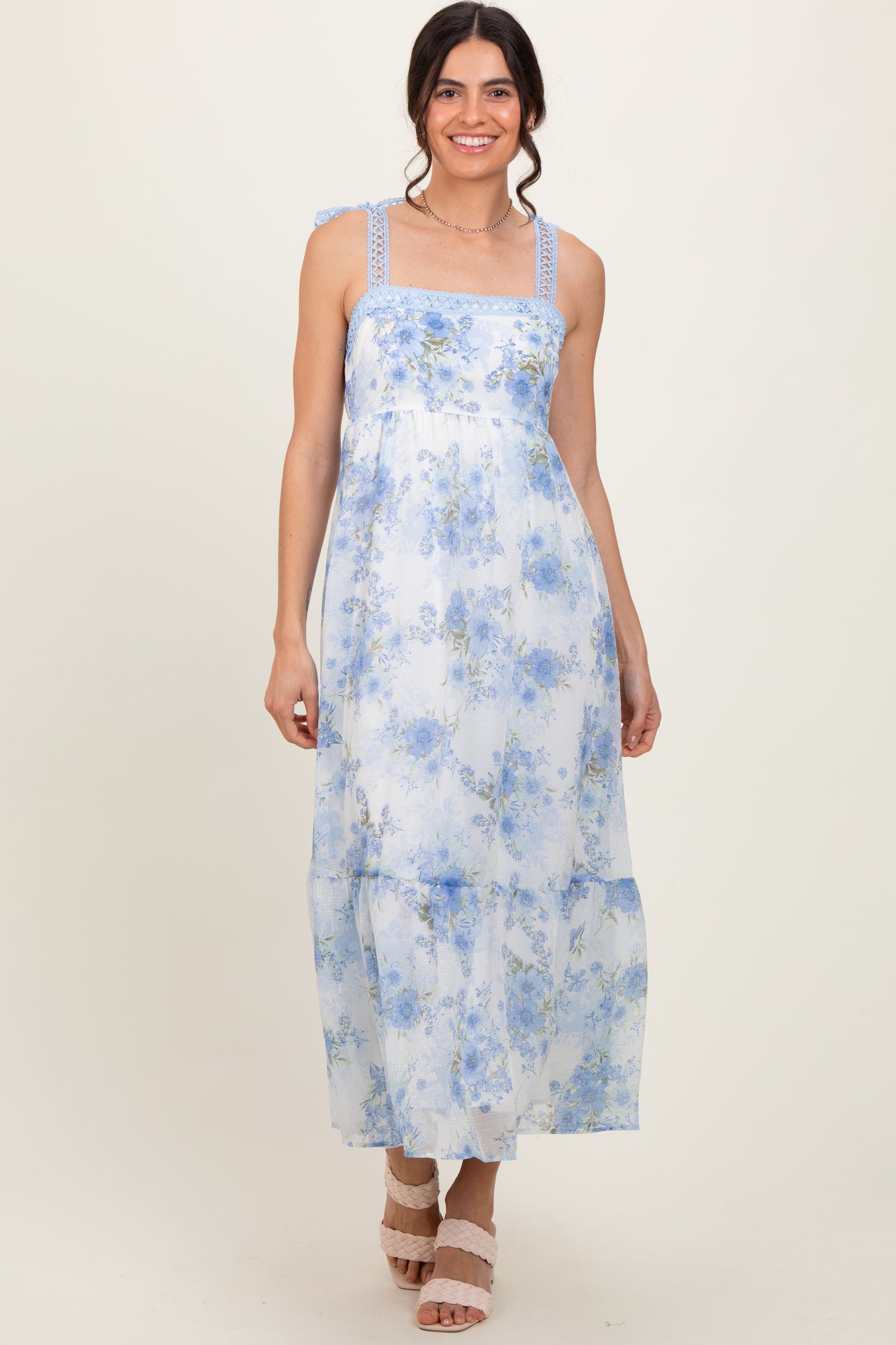 Blue Floral Chiffon Overlay Lace Shoulder Tie Midi Dress PinkBlush Blue Floral Chiffon Overlay Lace Shoulder Tie Midi Dress PinkBlush