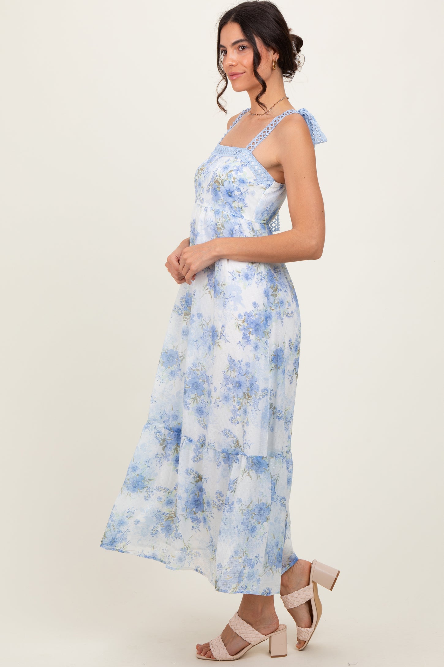 Blue Floral Chiffon Overlay Lace Shoulder Tie Midi Dress Blue Floral Chiffon Overlay Lace Shoulder Tie Midi Dress