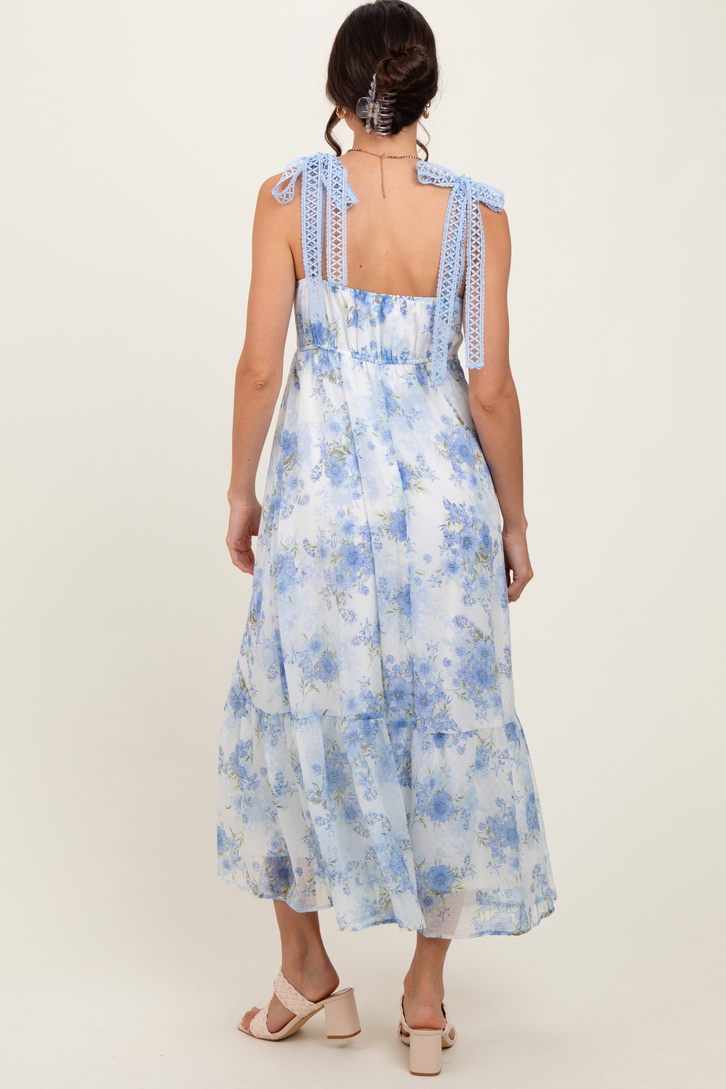 Blue Floral Chiffon Overlay Lace Shoulder Tie Midi Dress PinkBlush Blue Floral Chiffon Overlay Lace Shoulder Tie Midi Dress PinkBlush