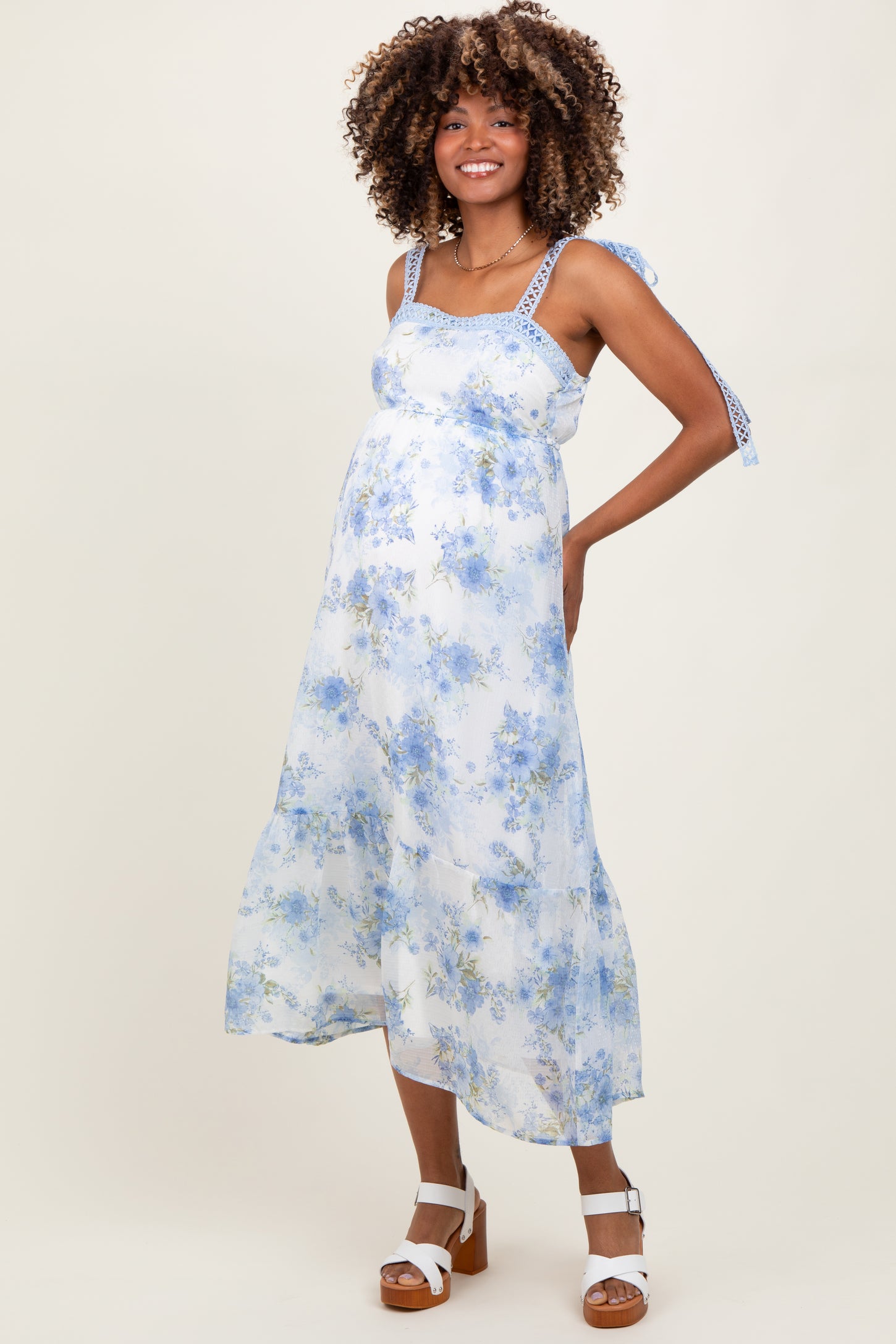 Blue Floral Chiffon Overlay Lace Shoulder Tie Maternity Midi Dress PinkBlush Blue Floral Chiffon Overlay Lace Shoulder Tie Maternity Midi Dress PinkBlush