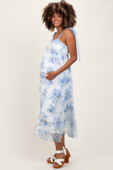 Blue Floral Chiffon Overlay Lace Shoulder Tie Maternity Midi Dress