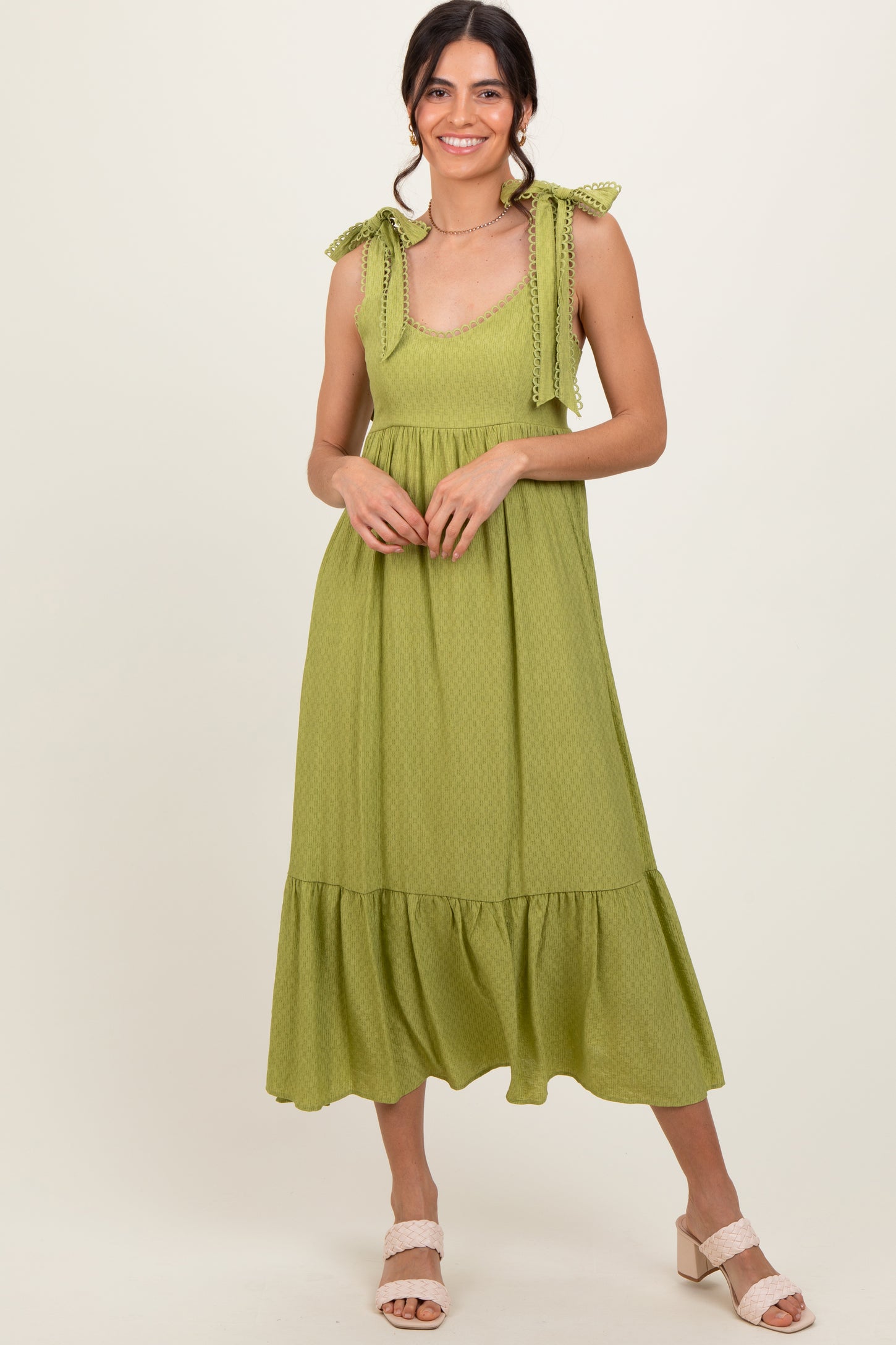 Light Olive Scallop Trim Shoulder Tie Maternity Midi Dress