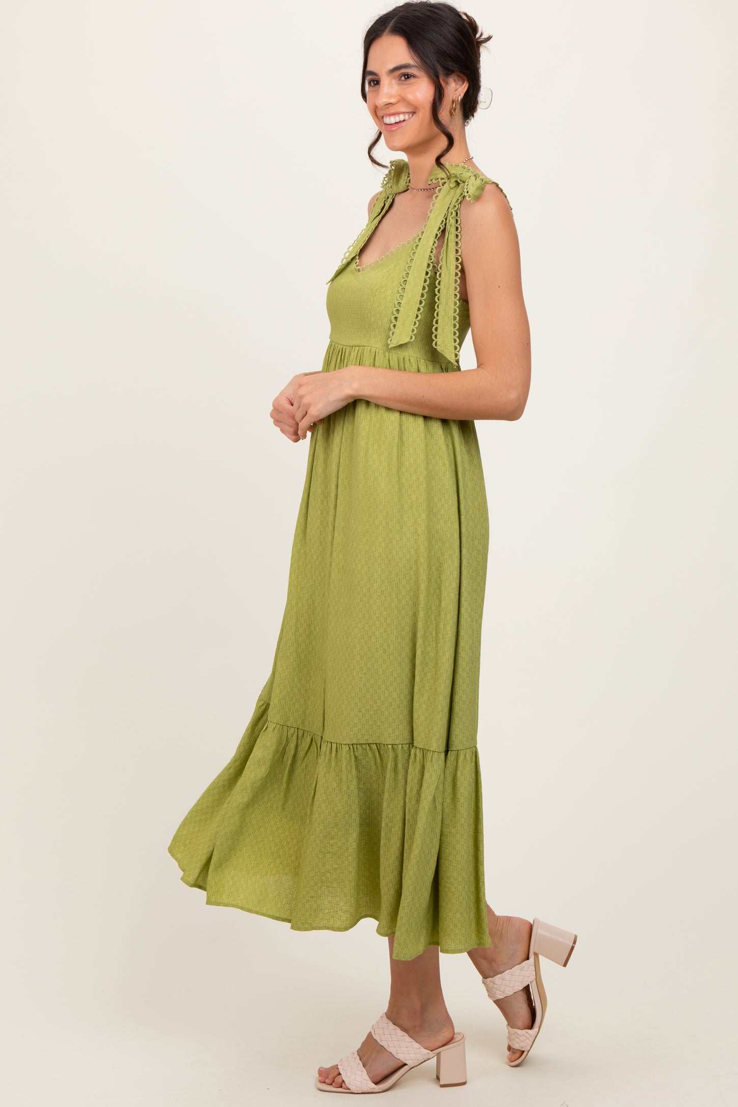 Light Olive Scallop Trim Shoulder Tie Midi Dress