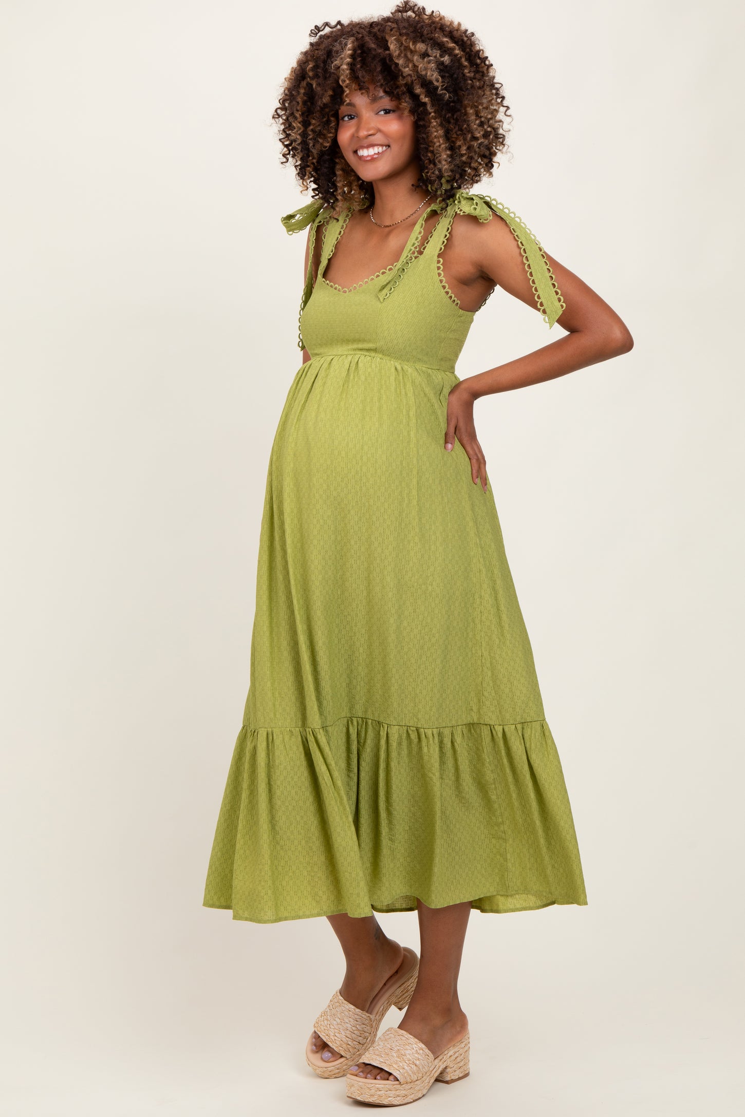 Light Olive Scallop Trim Shoulder Tie Maternity Midi Dress