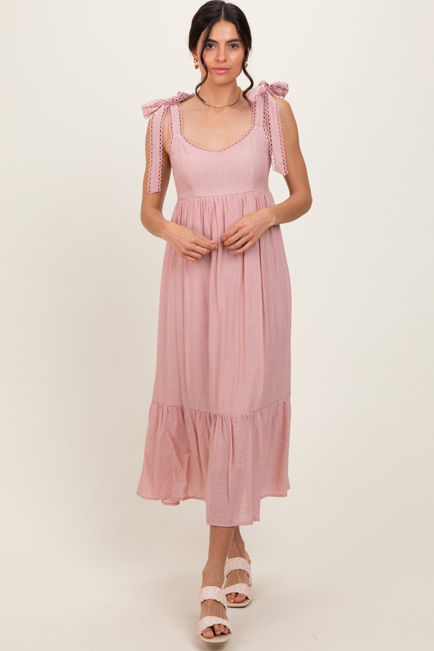 Light Pink Scallop Trim Shoulder Tie Midi Dress