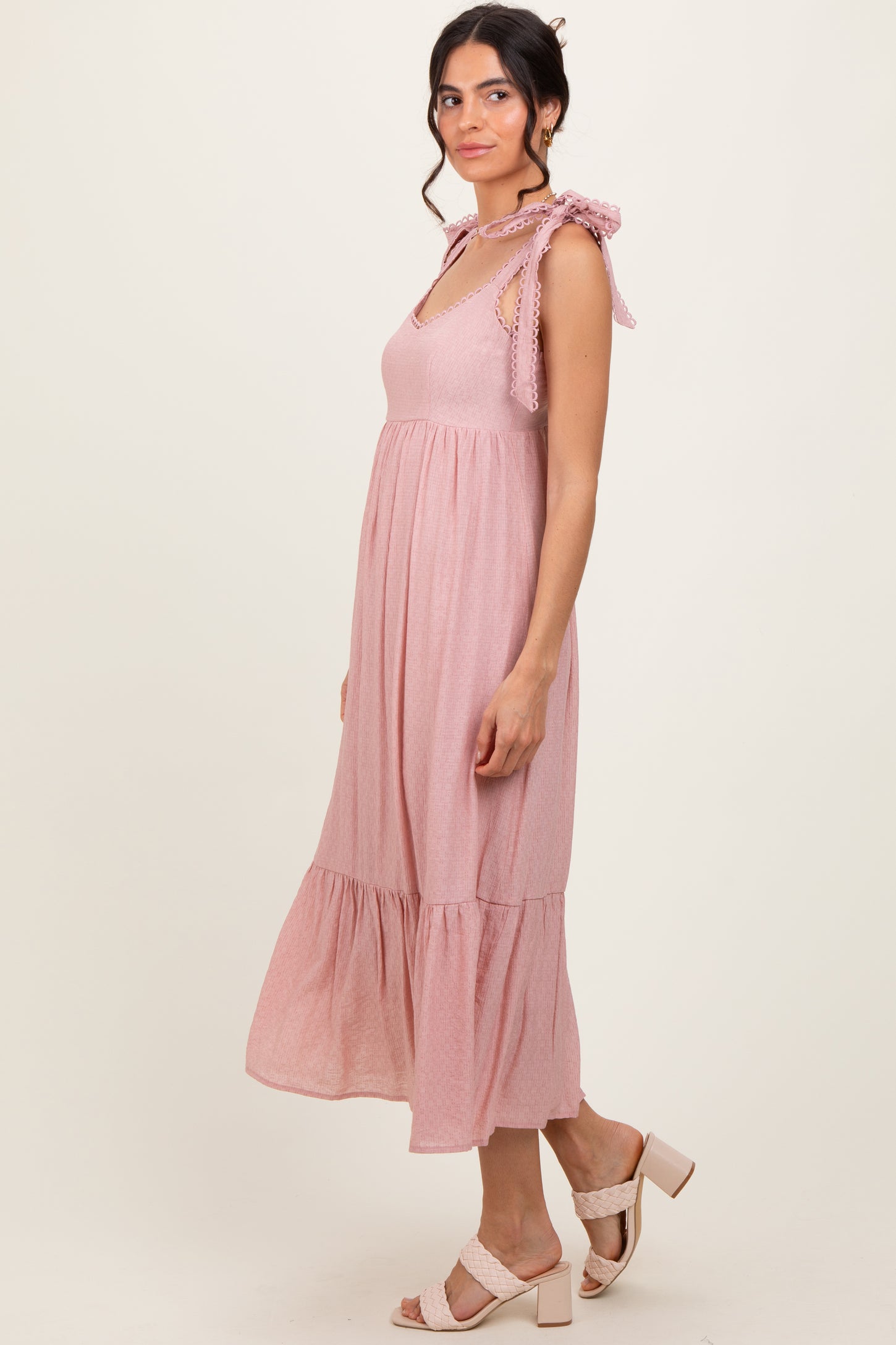 Light Pink Scallop Trim Shoulder Tie Midi Dress