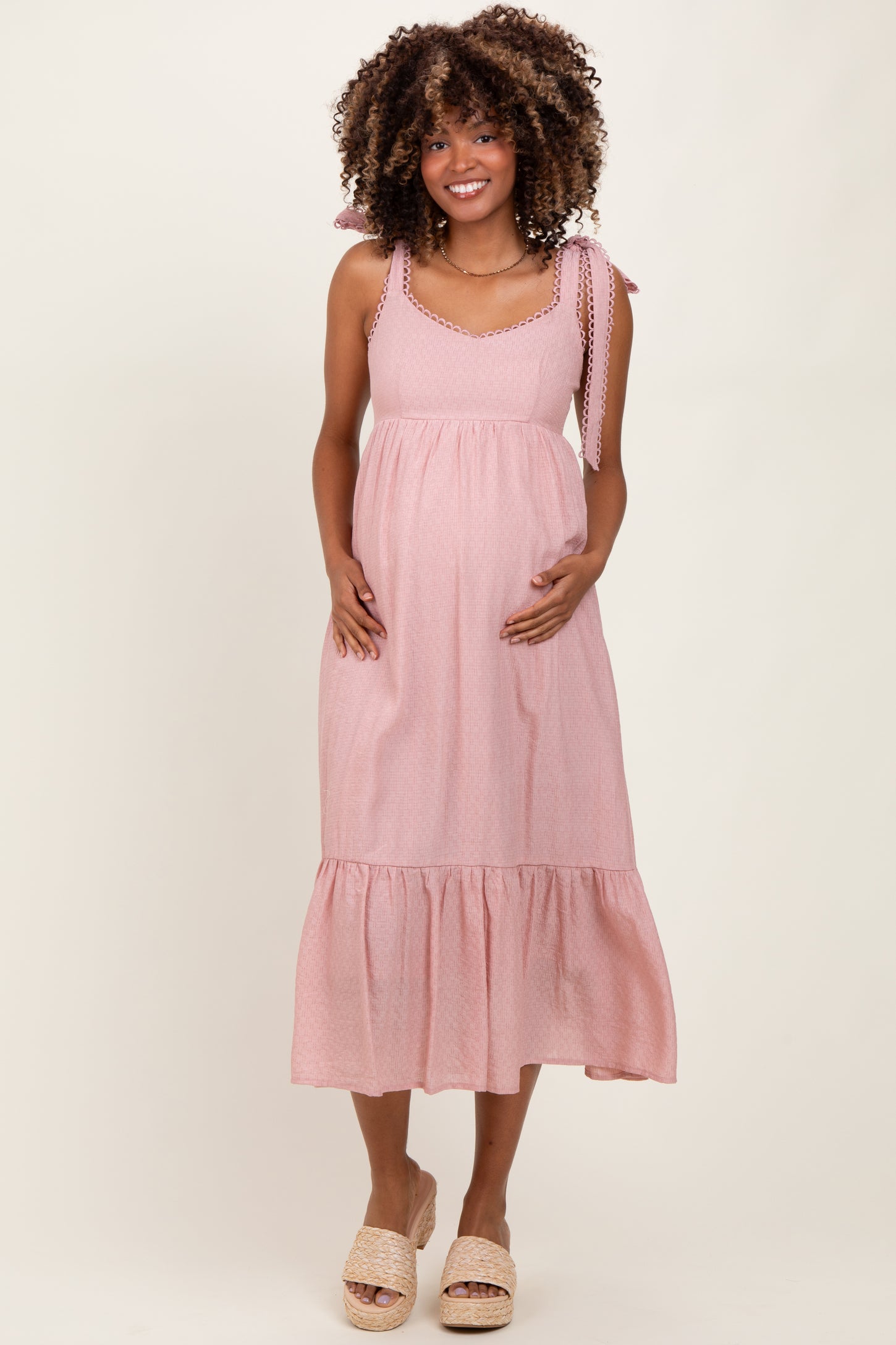 Light Pink Scallop Trim Shoulder Tie Maternity Midi Dress