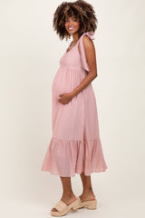 Light Pink Scallop Trim Shoulder Tie Maternity Midi Dress