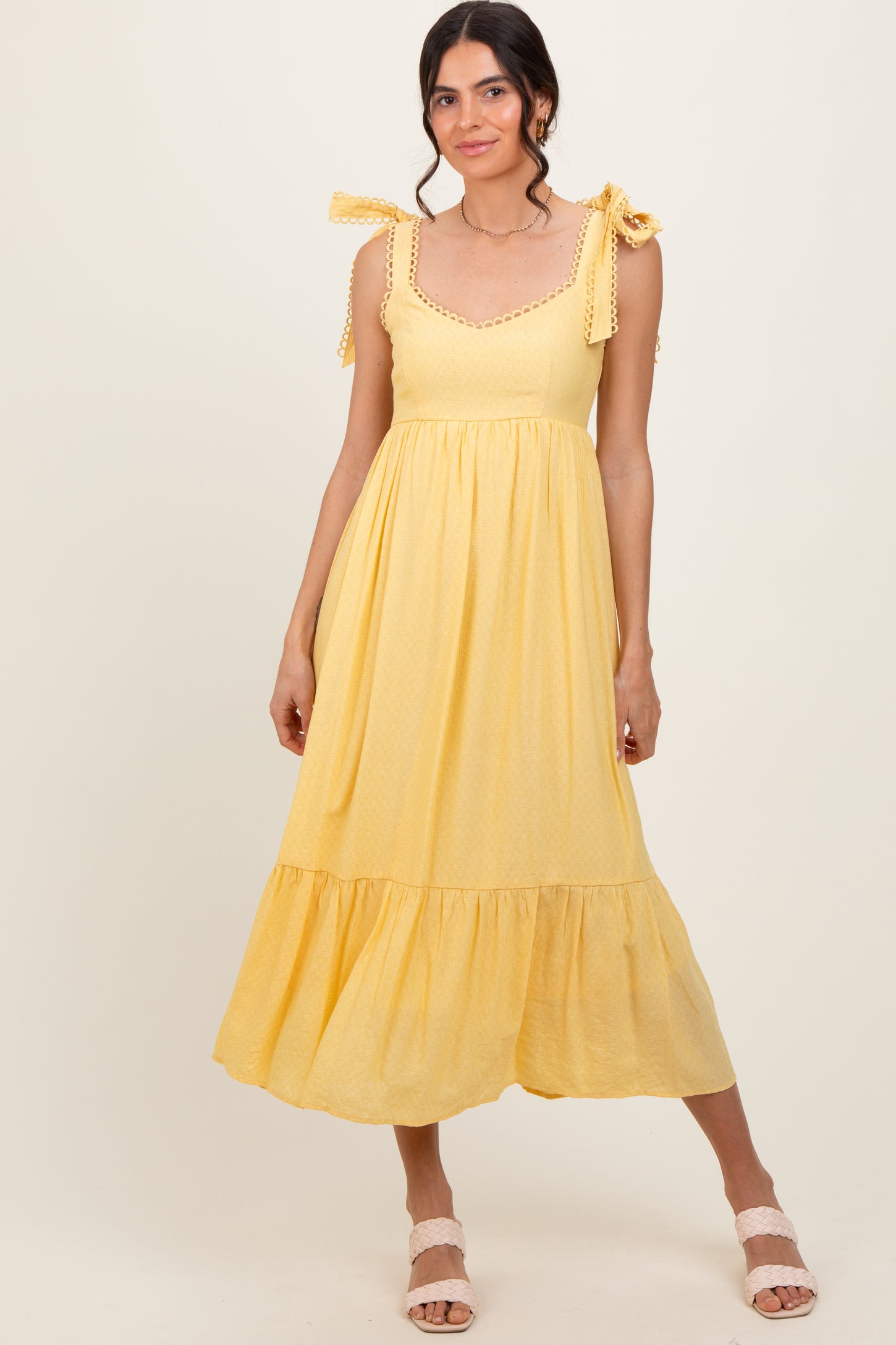 Yellow Scallop Trim Shoulder Tie Maternity Midi Dress