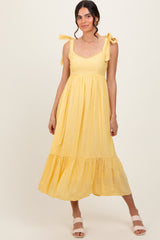 Yellow Scallop Trim Shoulder Tie Midi Dress