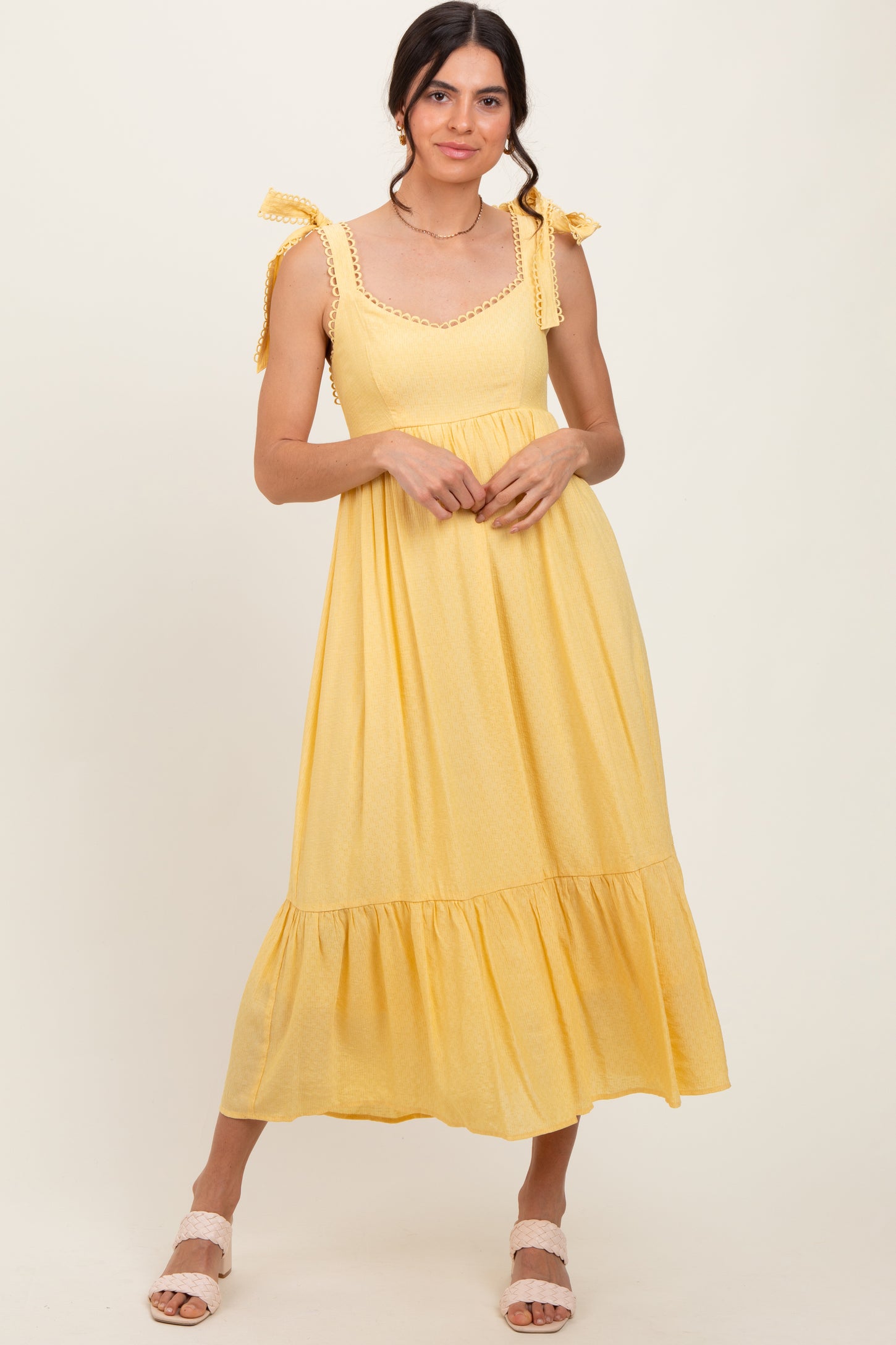 Yellow Scallop Trim Shoulder Tie Midi Dress