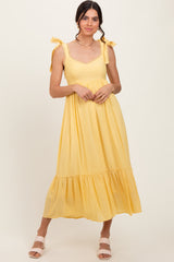 Yellow Scallop Trim Shoulder Tie Midi Dress
