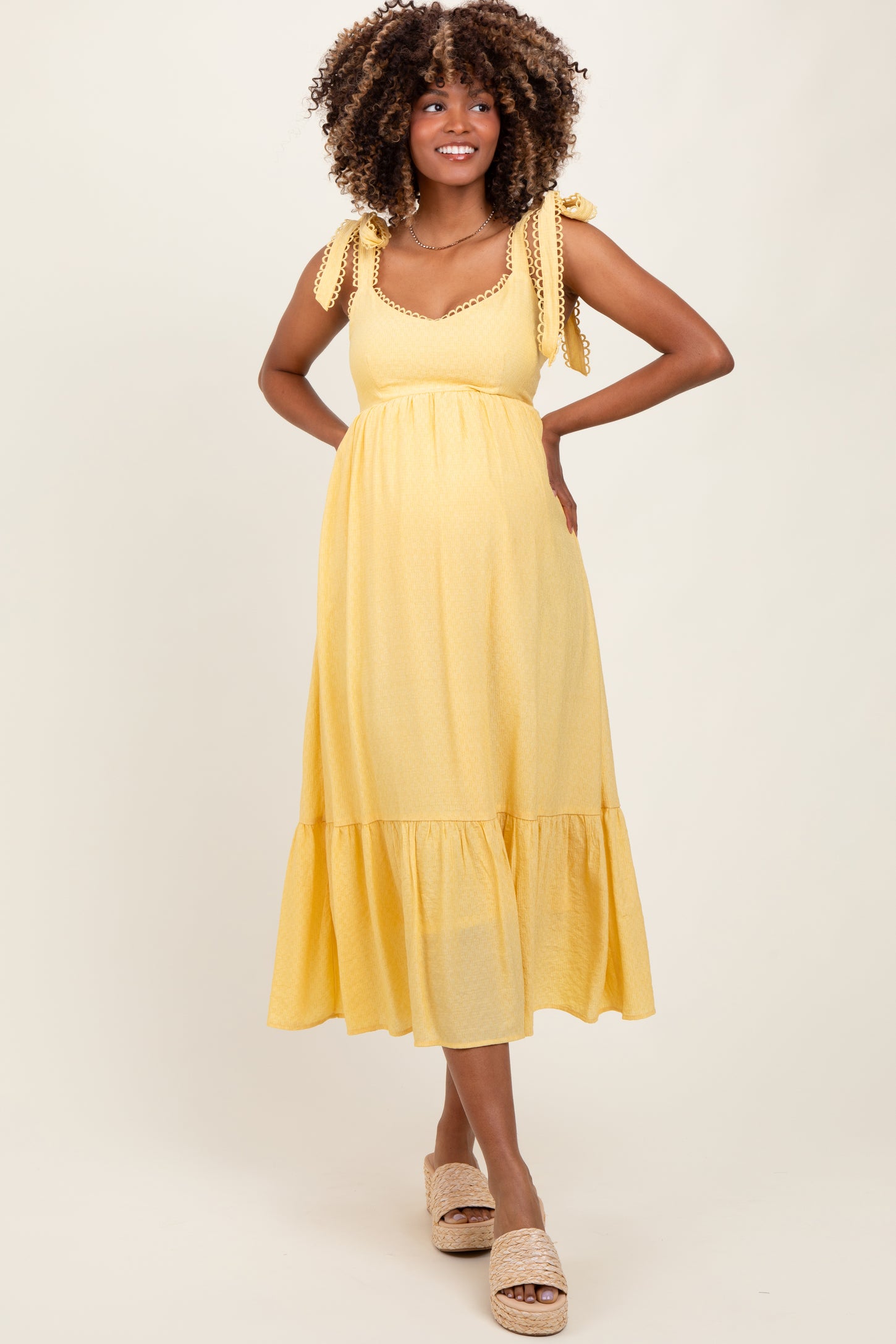 Yellow Scallop Trim Shoulder Tie Maternity Midi Dress