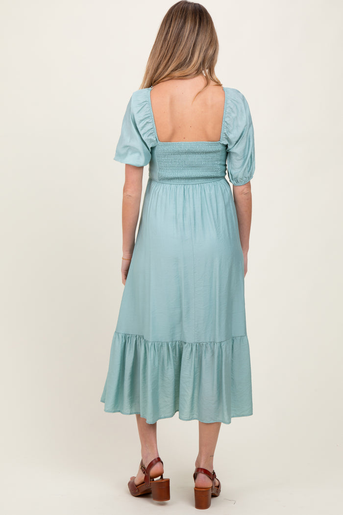 Light Olive Pleated Bodice Puff Sleeve Maternity Midi Dress