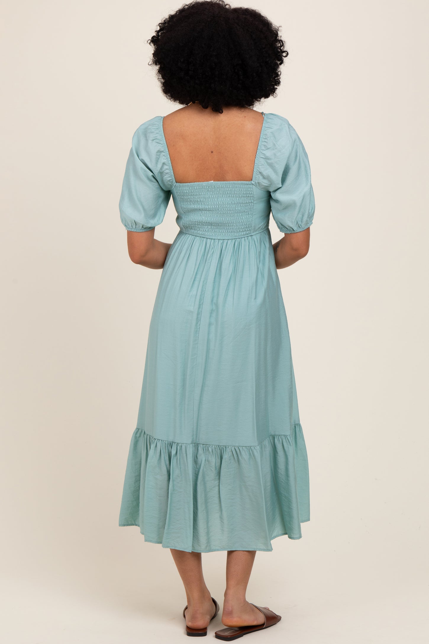 Light Olive Pleated Bodice Puff Sleeve Midi Dress