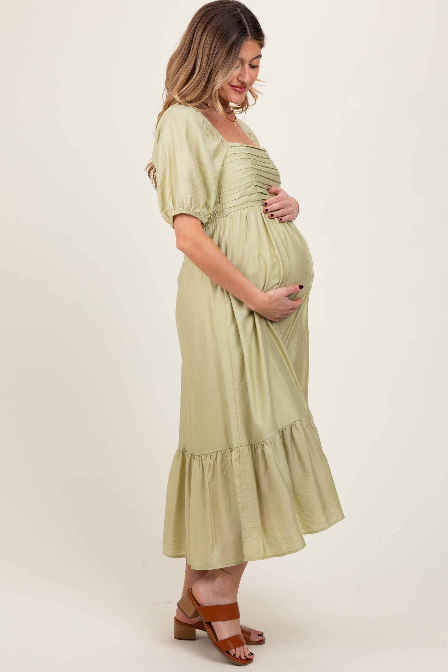 Mint Pleated Bodice Puff Sleeve Maternity Midi Dress