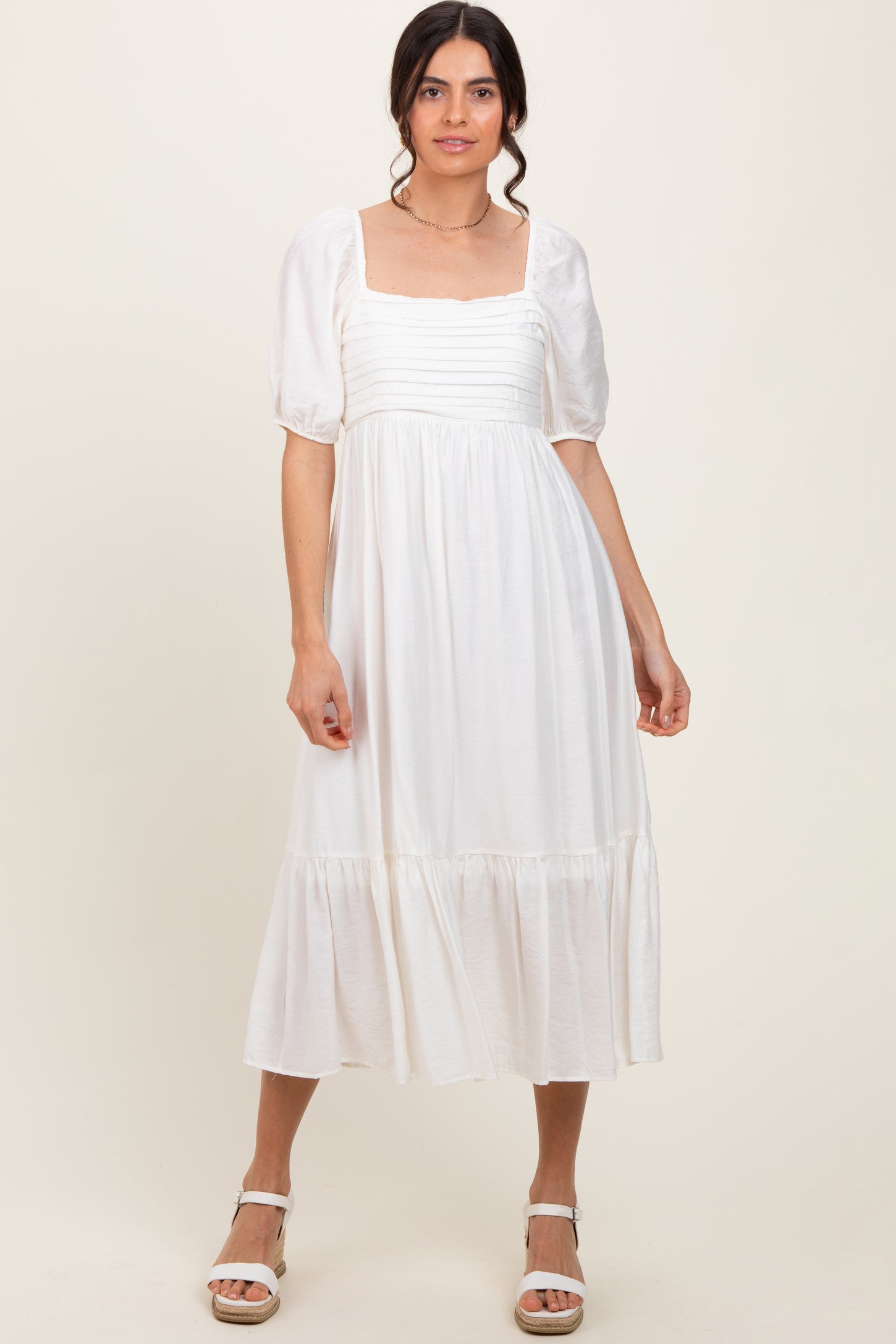 White Pleated Bodice Puff Sleeve Midi Dress