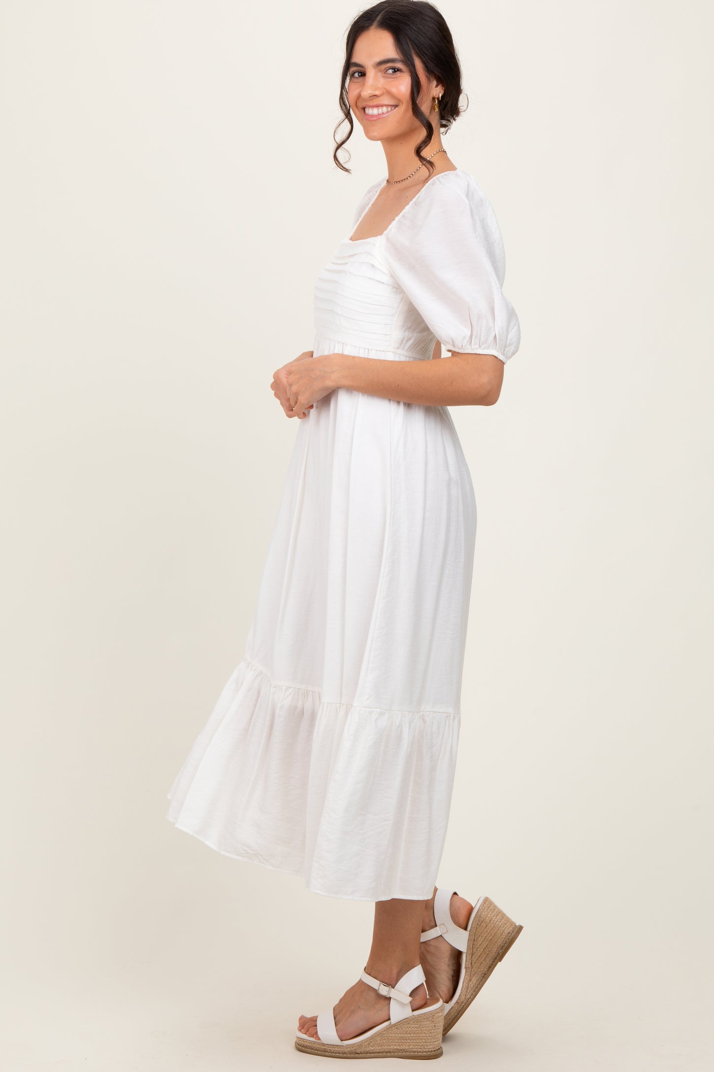 Knee Length Casual White Dresses With Sleeves White Pleated Bodice Puff Sleeve Midi Dress PinkBlush Knee Length Casual White Dresses With Sleeves White Pleated Bodice Puff Sleeve Midi Dress PinkBlush
