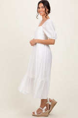 White Pleated Bodice Puff Sleeve Midi Dress