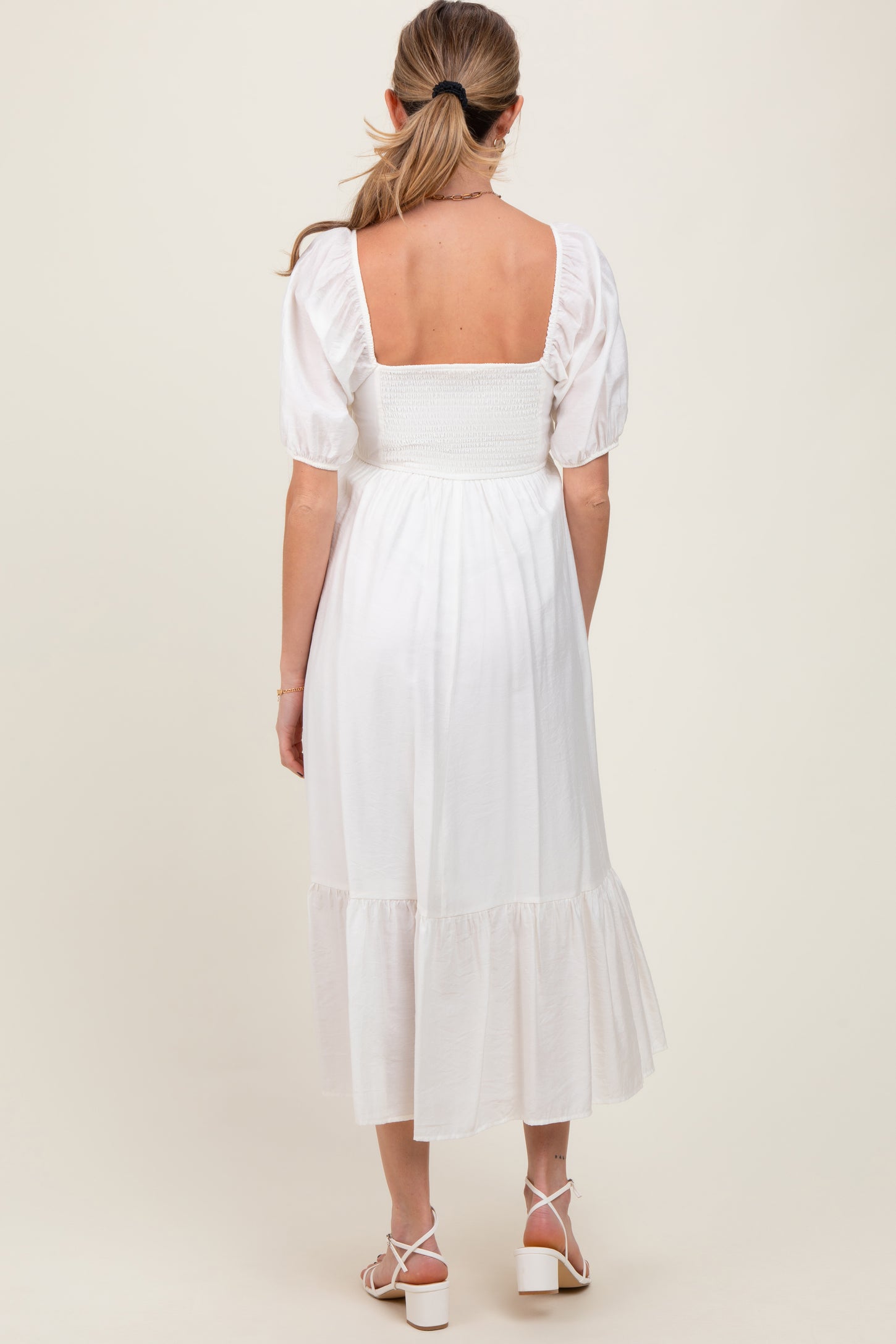 White Pleated Bodice Puff Sleeve Maternity Midi Dress