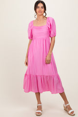 Pink Pleated Bodice Puff Sleeve Maternity Midi Dress